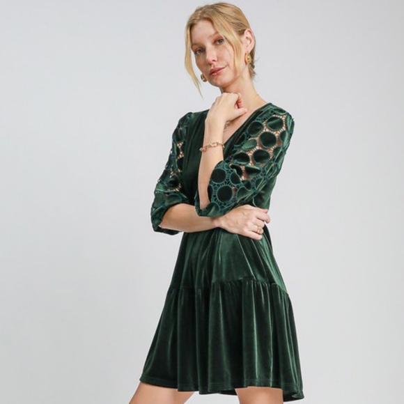 Umgee Lace Velvet Sheer Polka-dot Boho Babydoll Ruffle Long Sleeve Mini Dress - Picture 13 of 14